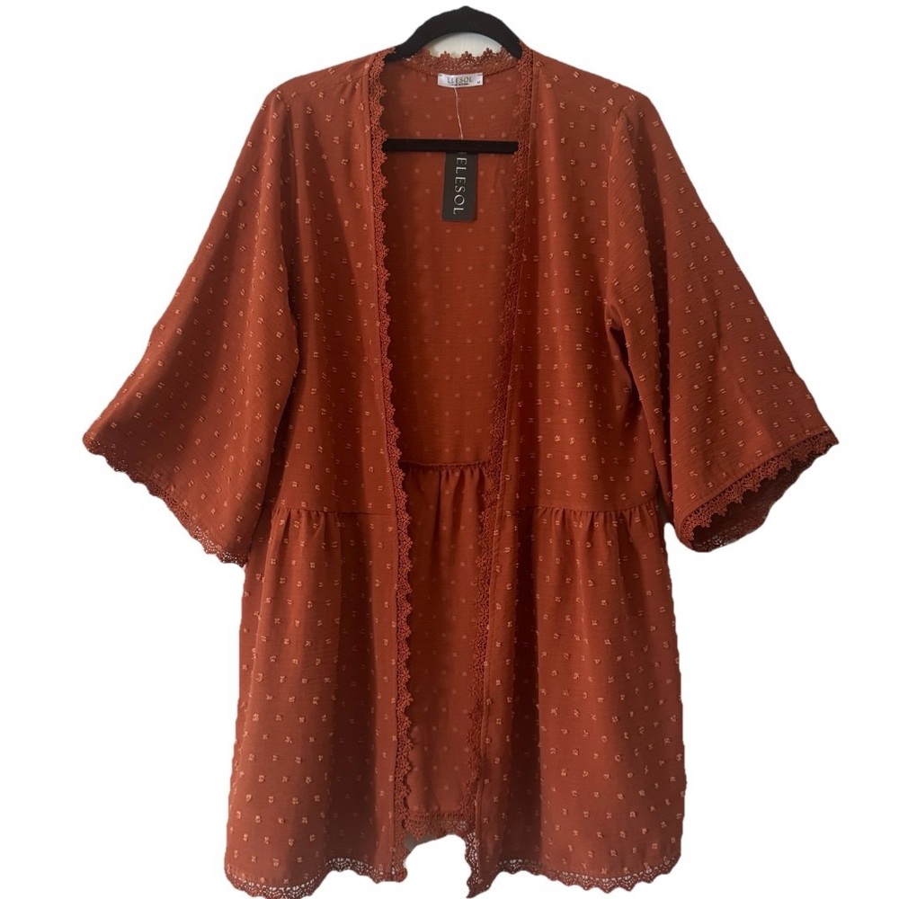 NWT Rust Boho Kimono Cardigan Lace Trim Sheer Cover Up Festival Size L